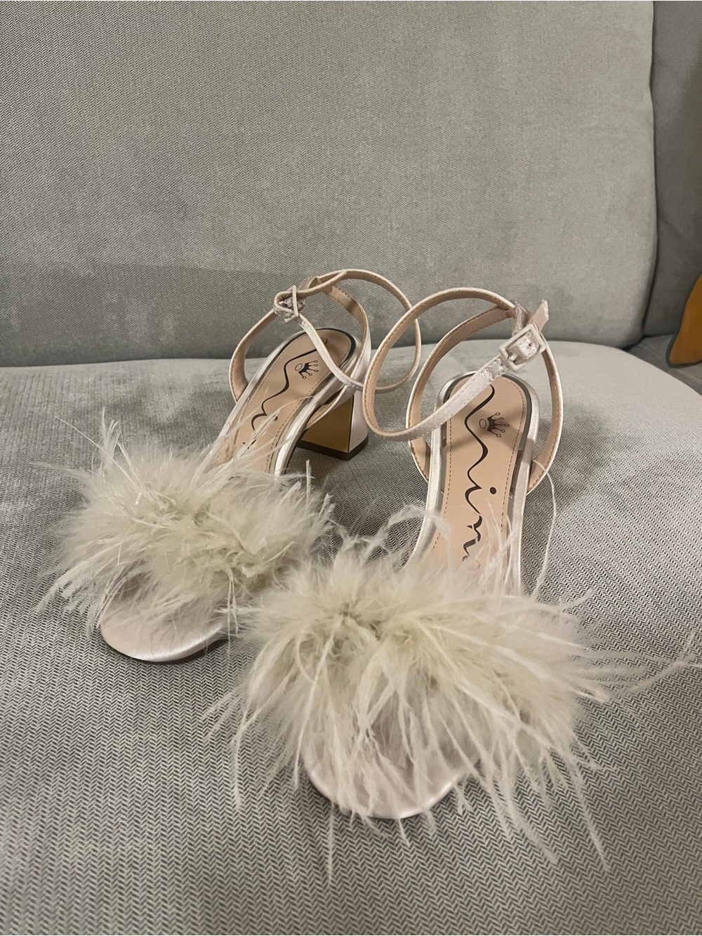 Nina Feather-Trim Ankle-Strap Heels in Cream